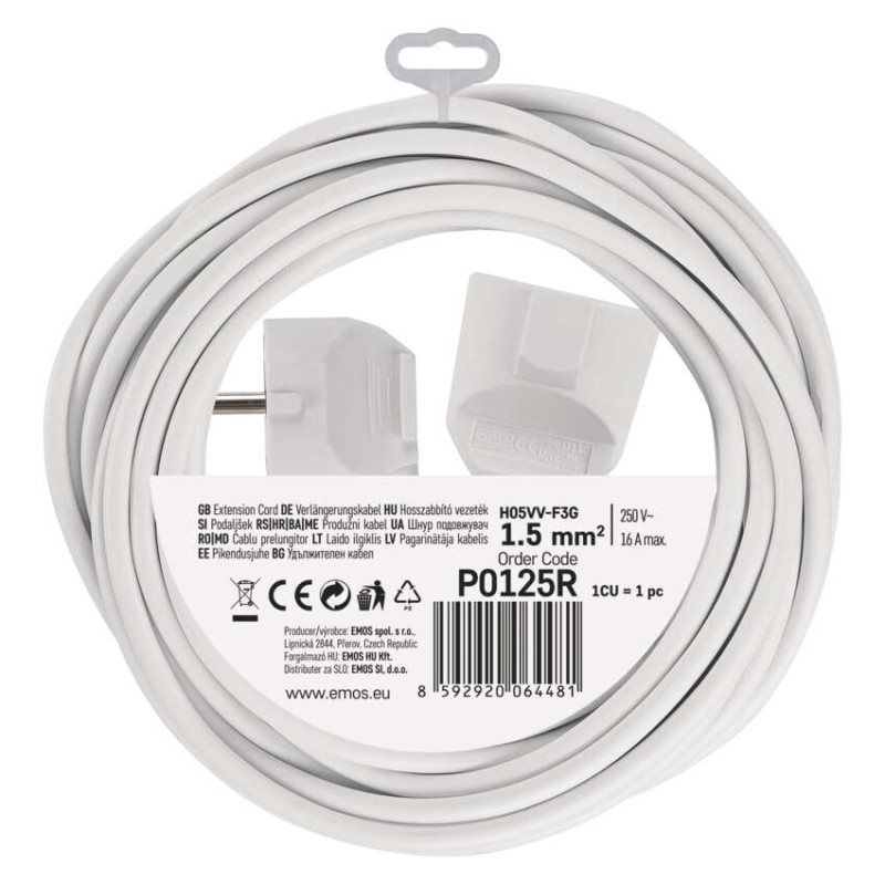 Verlängerungskabel 5 m / 1 Steckdose / weiß / PVC / 1,5 mm2