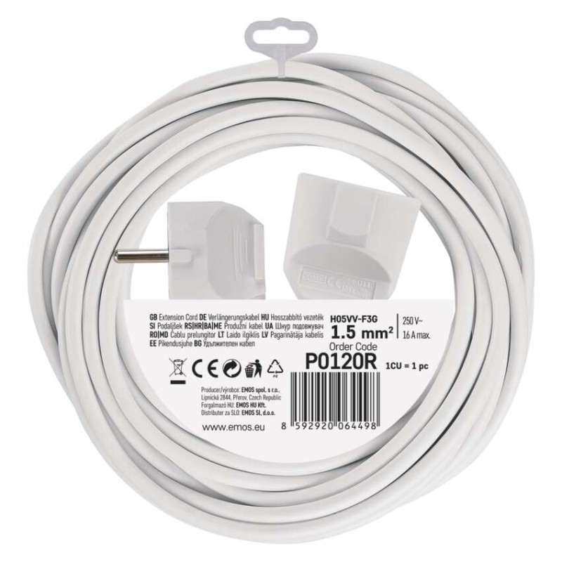 Verlängerungskabel 10 m / 1 Steckdose / weiß / PVC / 1,5 mm2