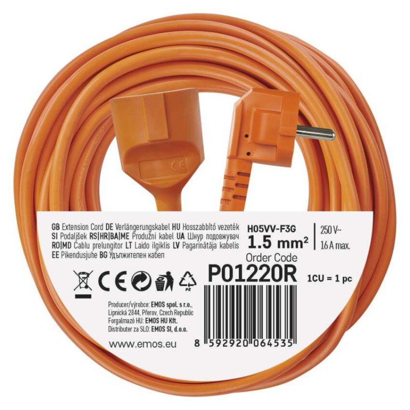Pagarinātājs, 20 m / 1 kontaktligzda / oranžs / PVH / 250 V / 1,5 mm2
