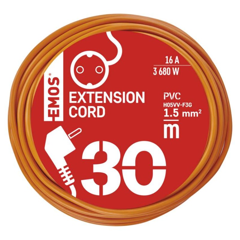 Verlängerungskabel 30 m / 1 Steckdose / orange / PVC / 250 V / 1,5 mm2