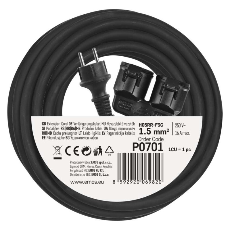 Āra pagarinātājs, 10 m / 2 kontaktligzdas / melns / gumijas / 250 V / 1,5 mm2