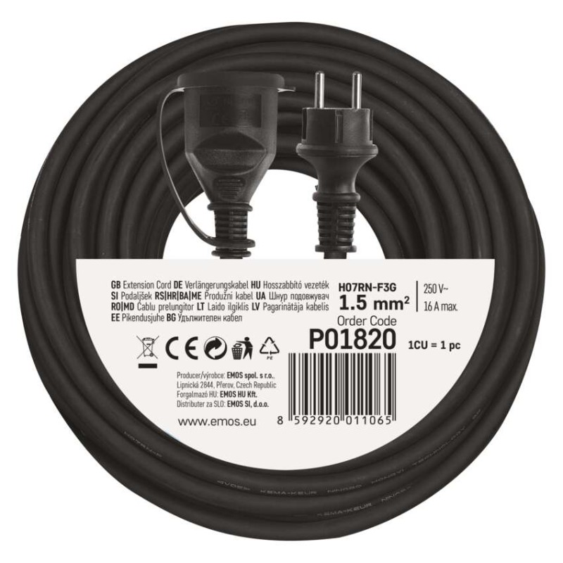 Verlängerungskabel 20 m / 1 Steckdose / schwarz / Gummi-Neopren / 250 V / 1,5 mm2
