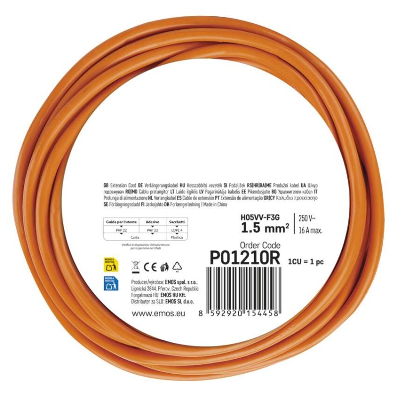 Steckdosenleiste 10 m / 1 Steckdose / orange / PVC / 250 V / 1,5 mm2