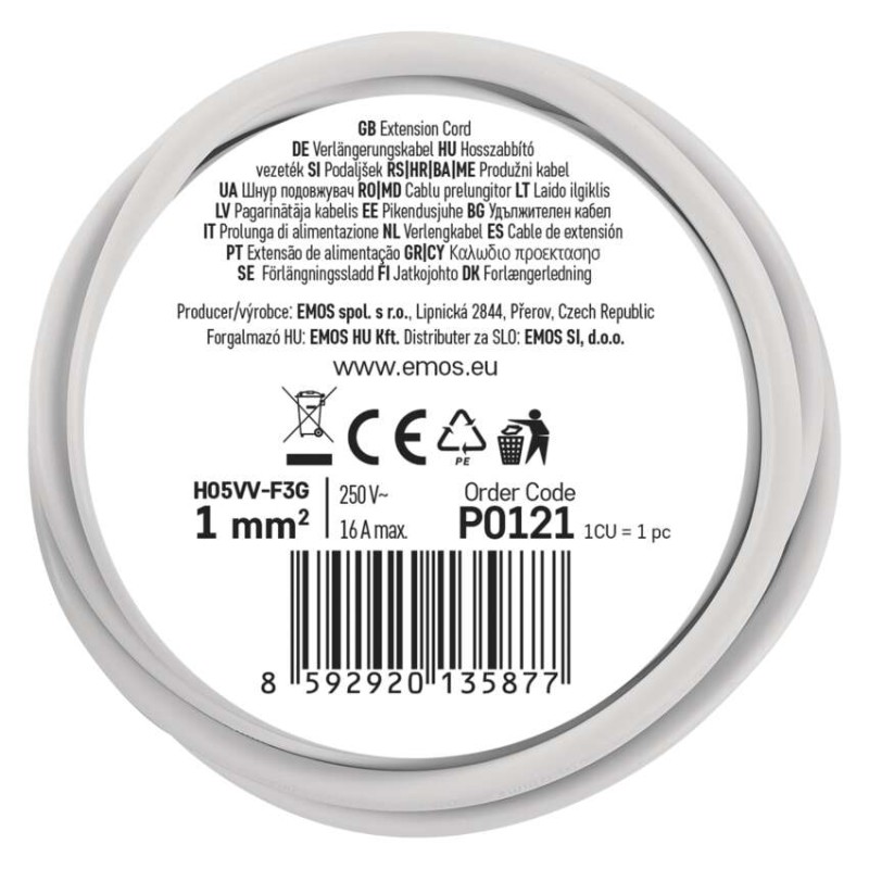 Pagarinātājs 1,4 m / 1 kontaktligzda / balts / PVC / 1 mm2