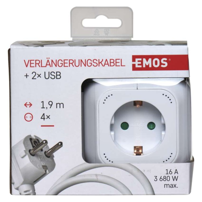 Steckdosenwürfel 1,9 m / 4 Steckdosen / weiß / PVC / USB / 1,5 mm2