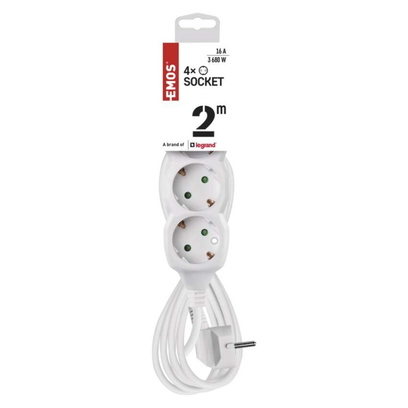 Hosszabbító 2 m  /  4 aljzat  /  fehér  /  PVC  /  1 mm2