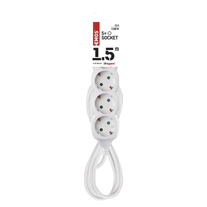 Pagarinātājs, 1,5 m / 5 kontaktligzdas / balts / PVH / 1 mm2 
