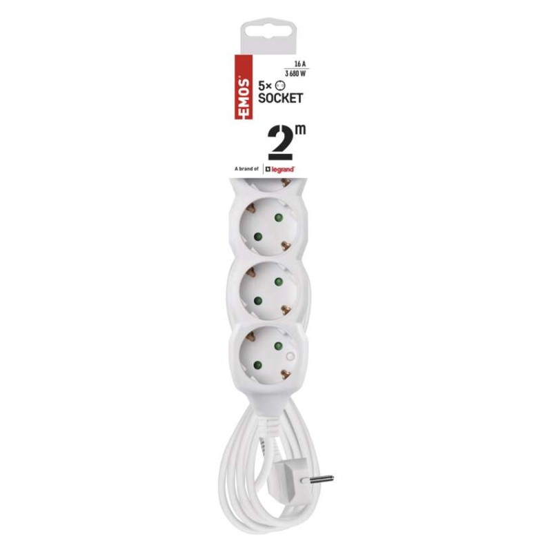Hosszabbító 2 m  /  5 aljzat  /  fehér  /  PVC  /  1 mm2