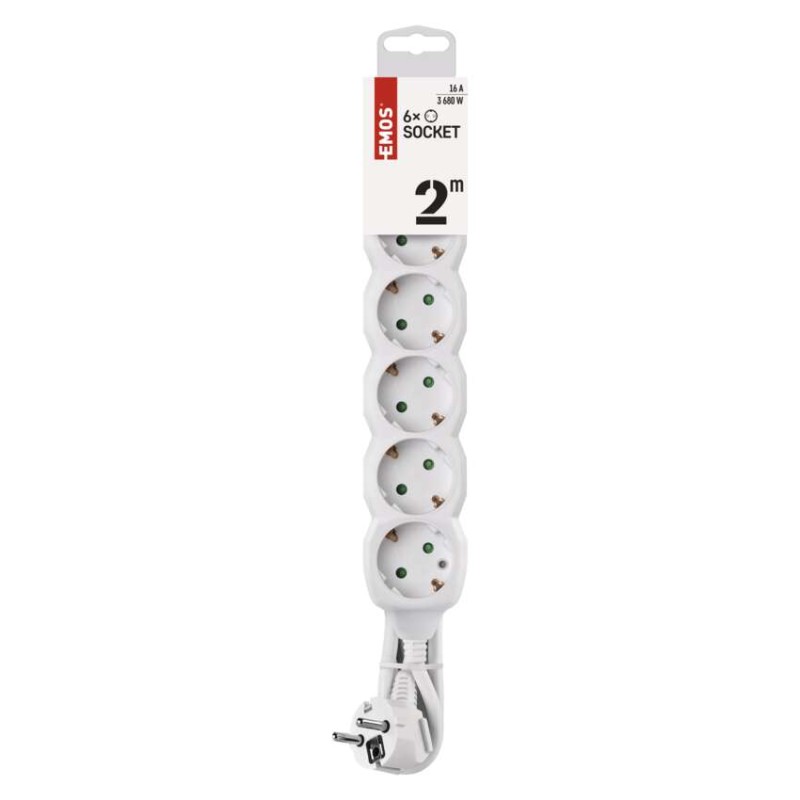 Pagarinātājs, 2 m / 6 kontaktligzdas / balts / PVH / 1 mm2