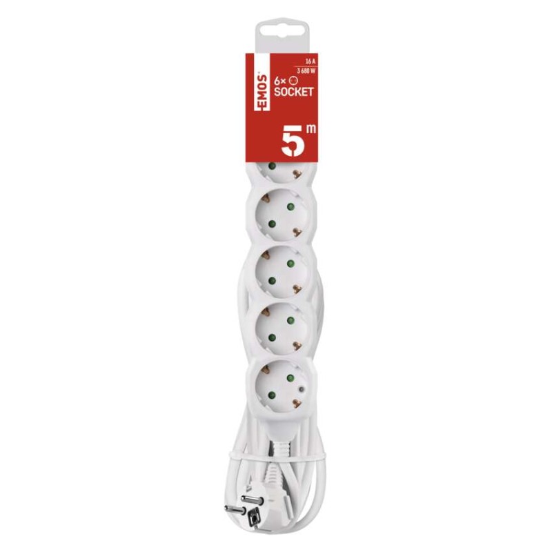 Hosszabbító 5 m / 6 aljzat / fehér / PVC / 1,5 mm2