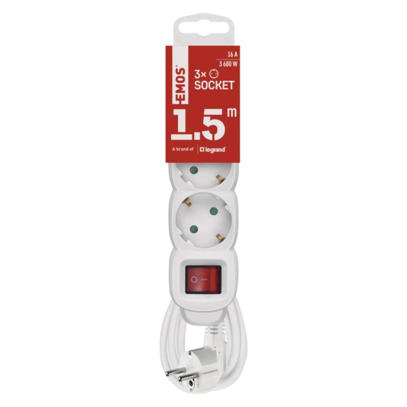 Podaljšek 1,5 m / 3 vtičnice / s stikalom / beli / PVC / 1,5 mm2