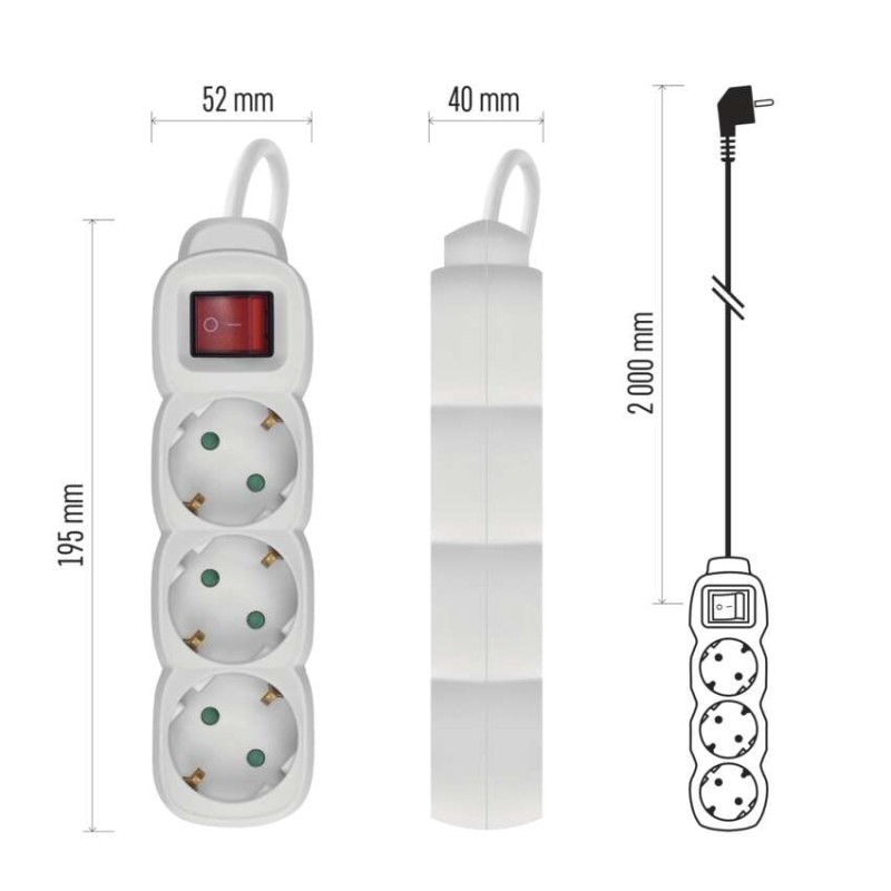 Podaljšek 2 m / 3 vtičnice / s stikalom / beli / PVC / 1 mm2