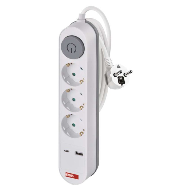 Steckdosenleiste 2 m / 3 Steckdosen / Schalter / weiß / 1× USB-A + 1× USB-C / 1,5 mm2