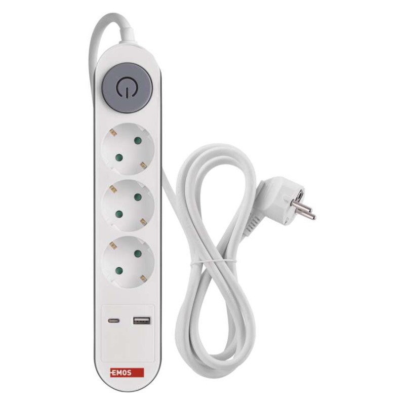 Steckdosenleiste 2 m / 3 Steckdosen / Schalter / weiß / 1× USB-A + 1× USB-C / 1,5 mm2