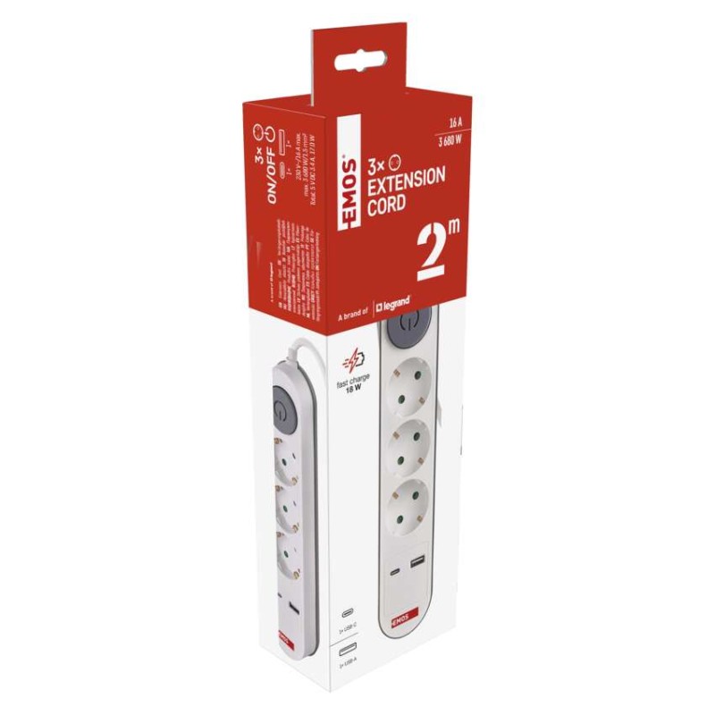Steckdosenleiste 2 m / 3 Steckdosen / Schalter / weiß / 1× USB-A + 1× USB-C / 1,5 mm2