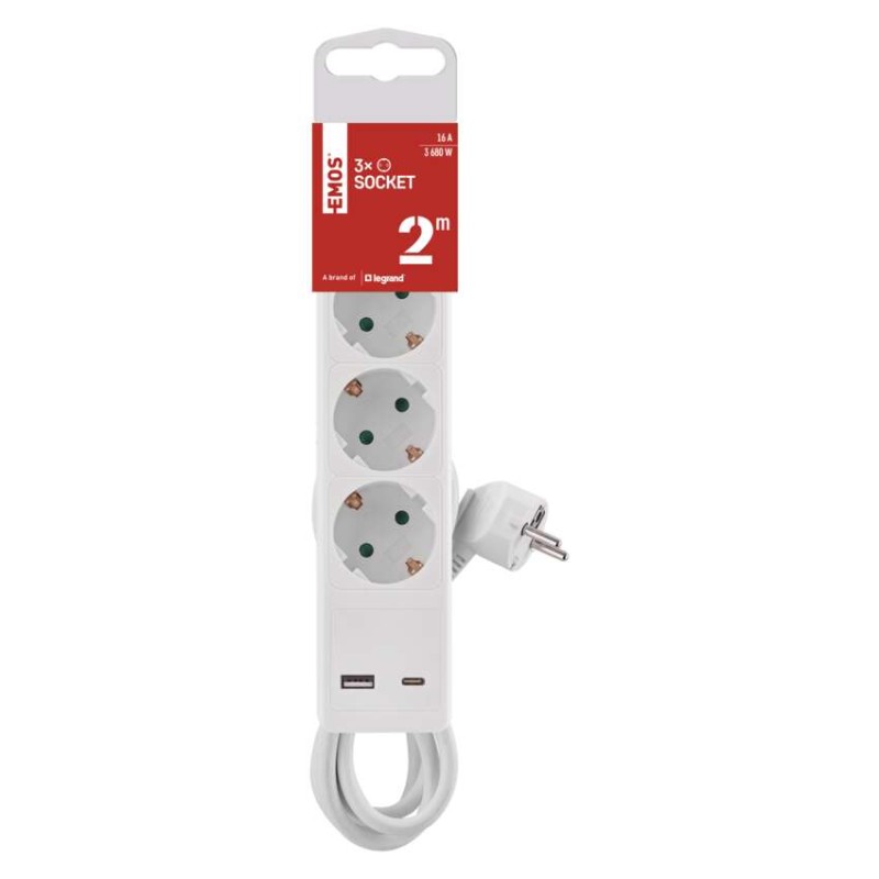 Pagarinātājs, 2 m / 3 kontaktligzdas / ar slēdzi / balts / 1× USB-A + 1× USB-C / 1,5 mm2