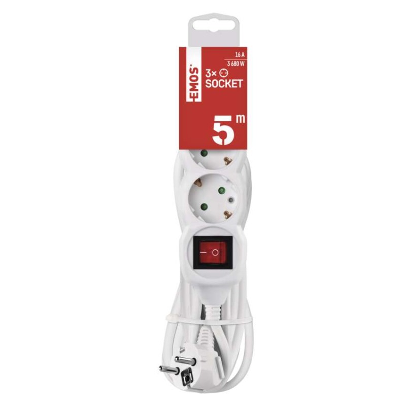 Hosszabbító 5 m / 3 aljzat / kapcsolós / fehér / PVC / 1,5 mm2