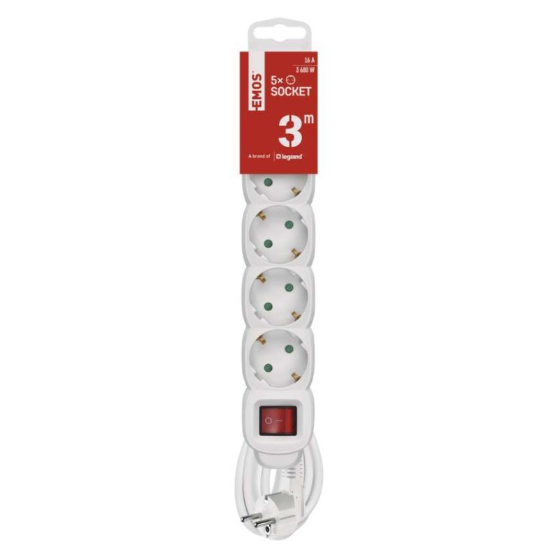 Pagarinātājs, 3 m / 5 kontaktligzdas / ar slēdzi / balts / PVH / 1,5 mm2