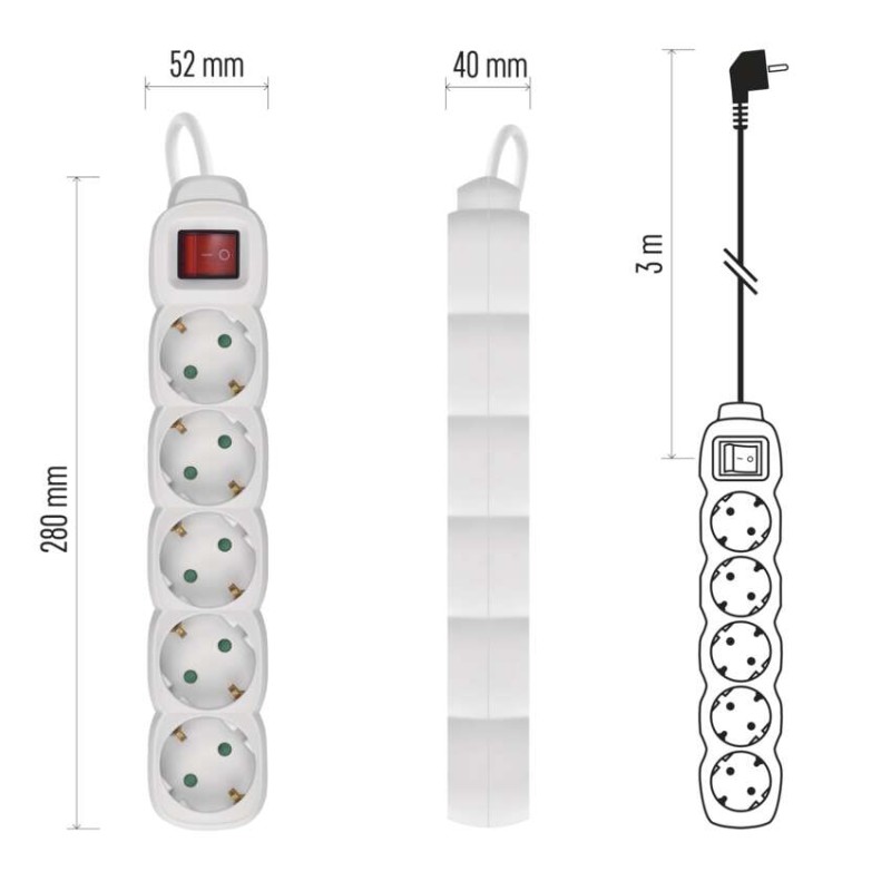 Pagarinātājs, 3 m / 5 kontaktligzdas / ar slēdzi / balts / PVH / 1,5 mm2
