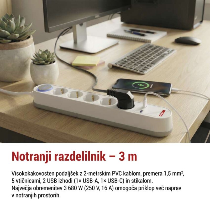 Podaljšek 3 m / 5 vtičnic / s stikalom / belo-siv / 1×USB-A + 1×USB-C / 1,5 mm2