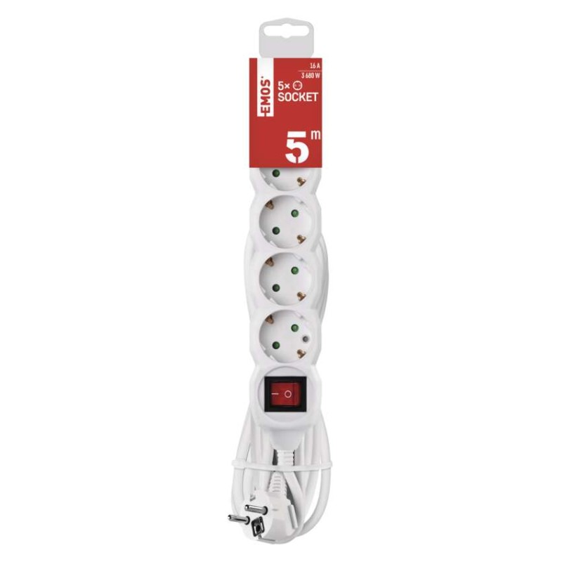 Pagarinātājs, 5 m / 5 kontaktligzdas / ar slēdzi / balts / PVH / 1,5 mm2