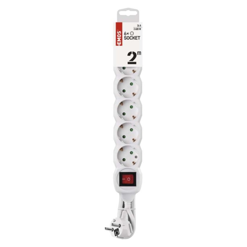 Podaljšek 2 m / 6 vtičnic / s stikalom / beli / PVC / 1 mm2