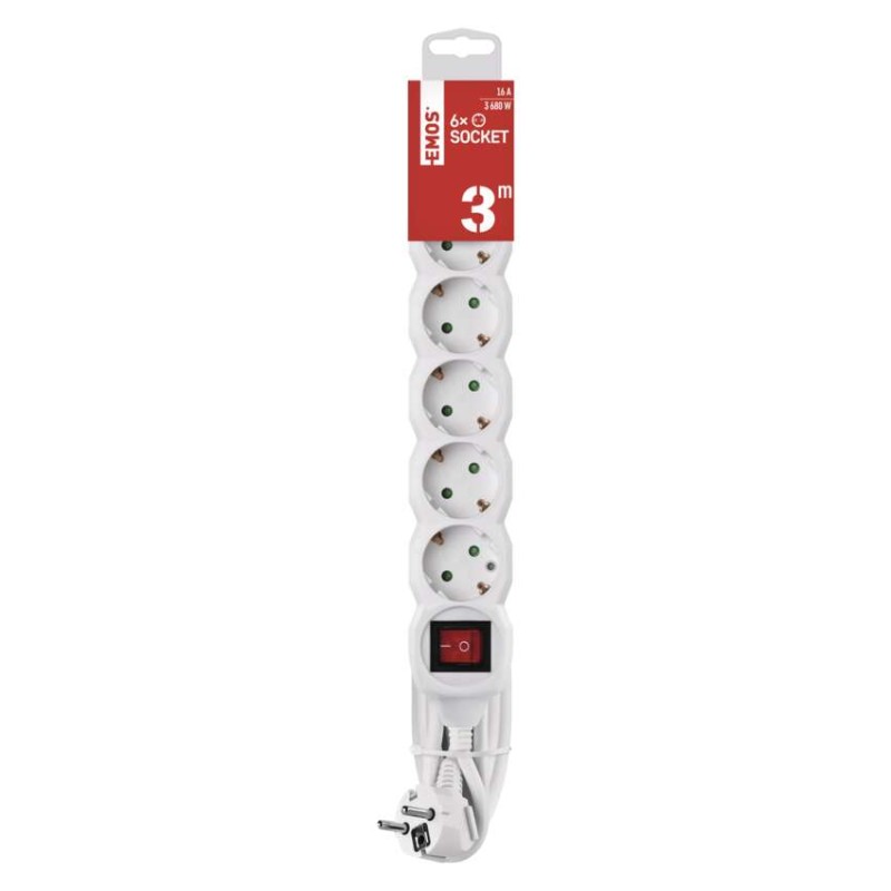 Hosszabbító 3 m / 6 aljzat / kapcsolós / fehér / PVC / 1,5 mm2