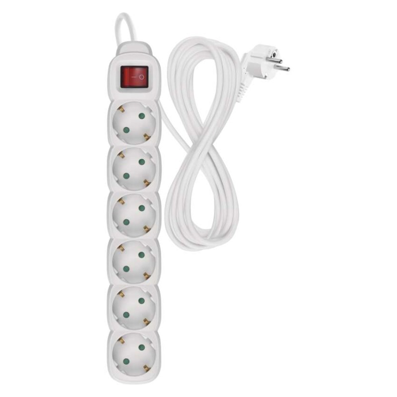 Podaljšek 5 m / 6 vtičnic / s stikalom / beli / PVC / 1,5 mm2