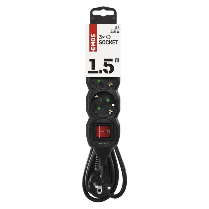 Podaljšek 1,5 m / 3 vtičnice / s stikalom / črni / PVC / 1 mm2