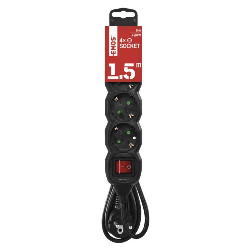 Hosszabbító 1,5 m / 4 aljzat / kapcsolós / fekete / PVC / 1,5 mm2