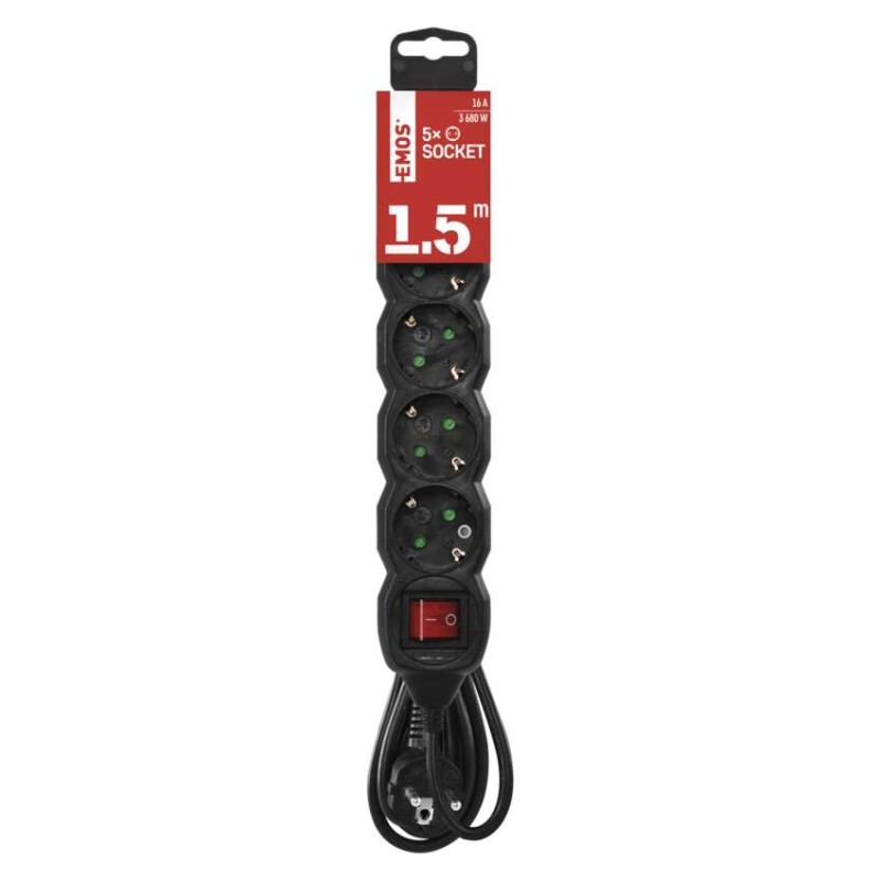 Pagarinātājs, 1,5 m / 5 kontaktligzdas / ar slēdzi / melns / PVH / 1,5 mm2