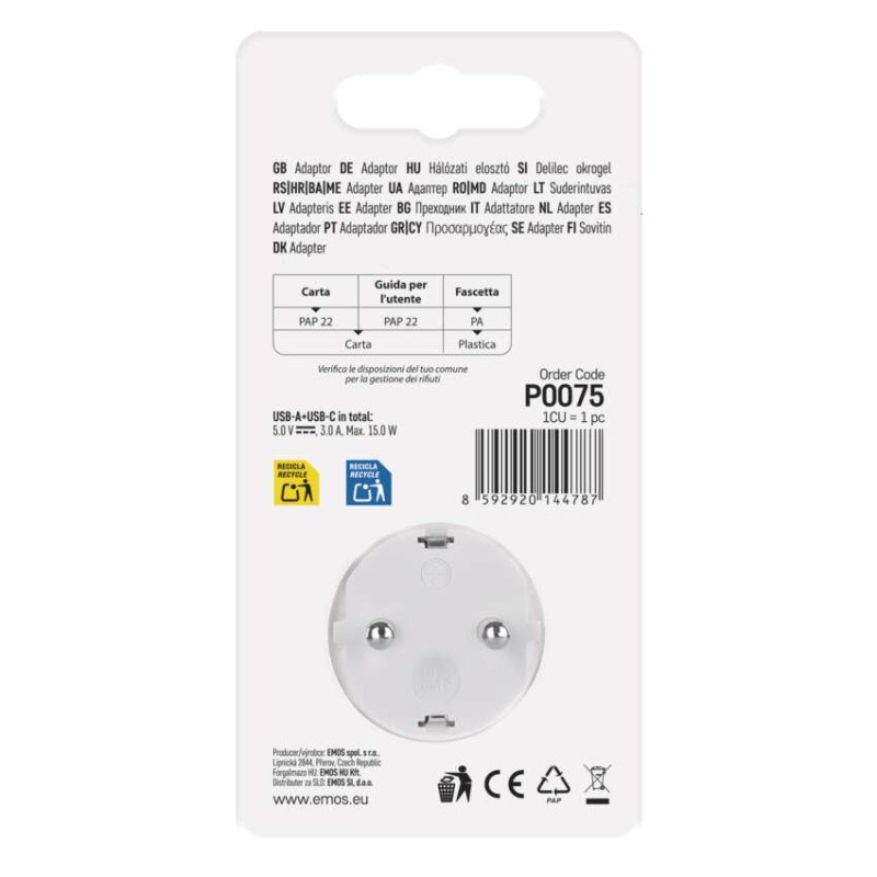 Aljzat elágazó 1×, 1×USB-A+1×USB-C, fehér