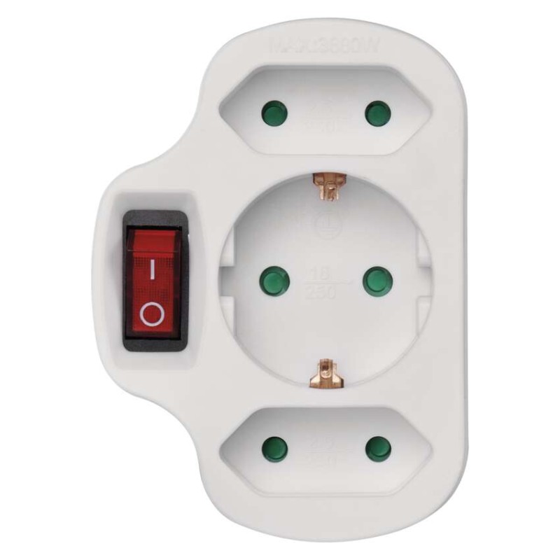 Mehrfachsteckdose, 2x Euro + 1x Schuko mit Schalter, weiss