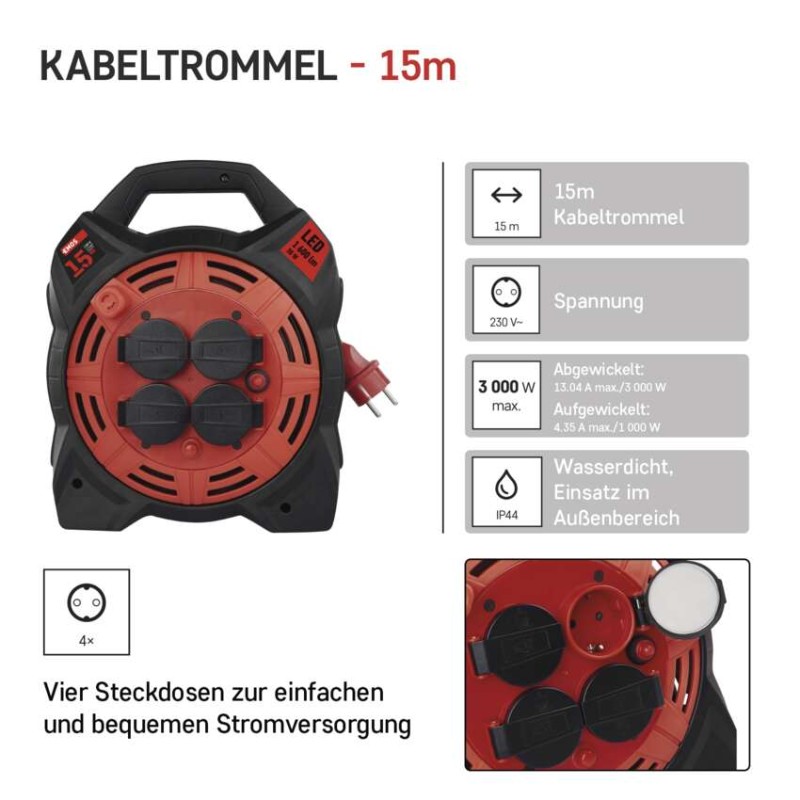 Gummi-Kabeltrommel mit LED-Strahler - 4 Steckdosen, 15m, 1,5mm2