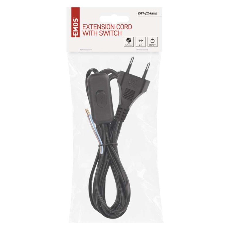Netzkabel PVC 2x 0,75mm2, Schalter, 2m, schwarz