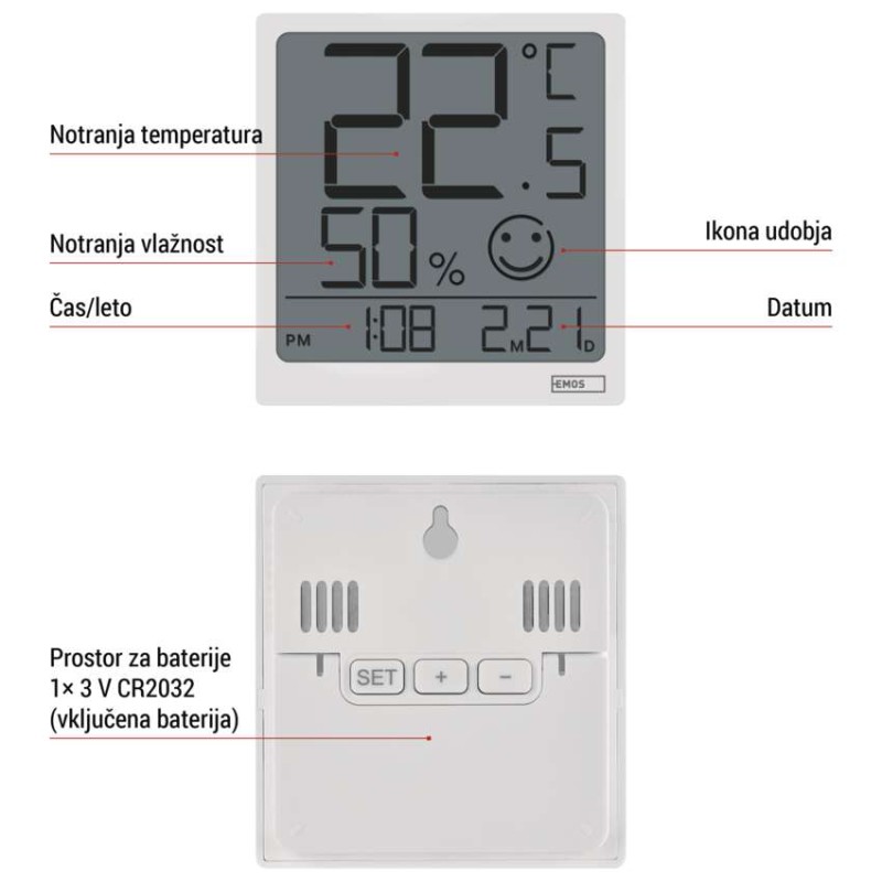 Digitalni termometer s hidrometrom, brezžični senzor, datum E0522