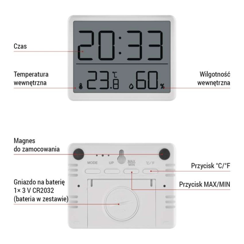 Termometr z higrometrem E0558W, czujnik bezprzewodowy, budzik, data