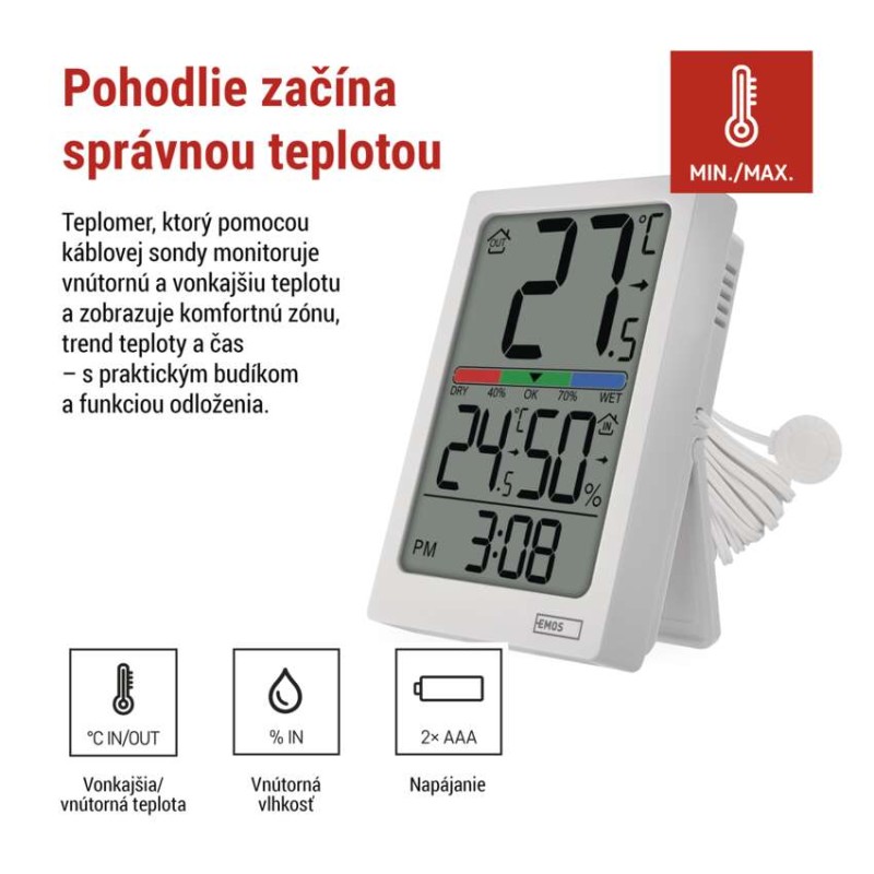 Digitálny teplomer s vlhkomerom, drôtový snímač, budík E0558P