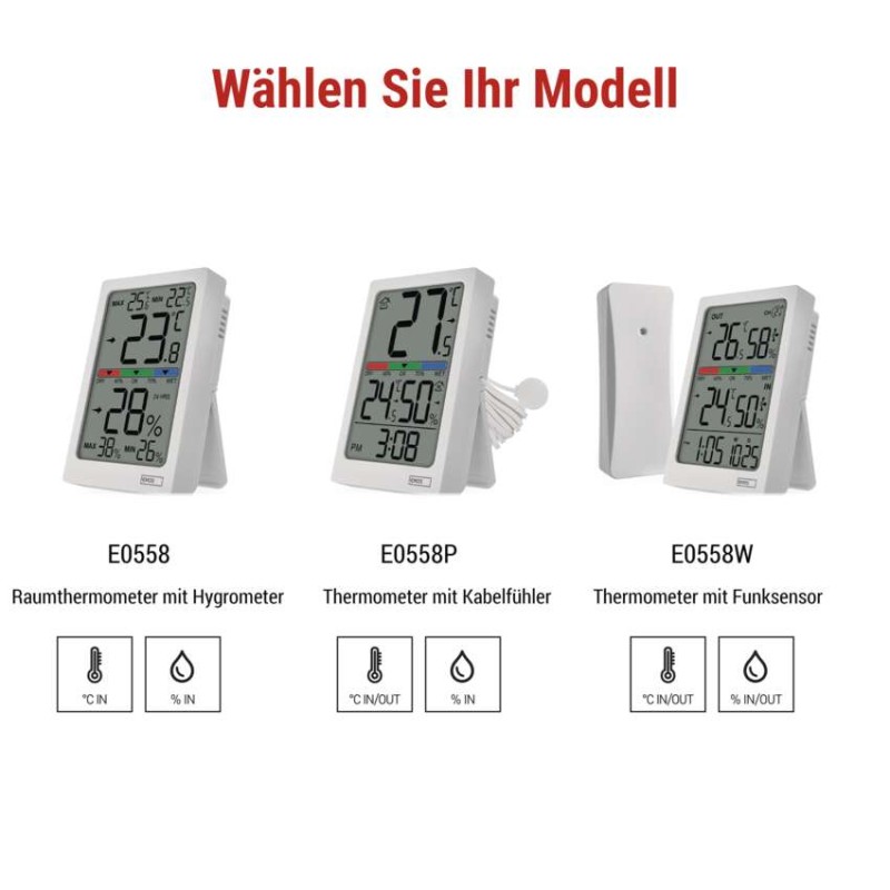 Digitales Thermometer mit Hygrometer, kabelgebundener Sensor, Wecker E0558P