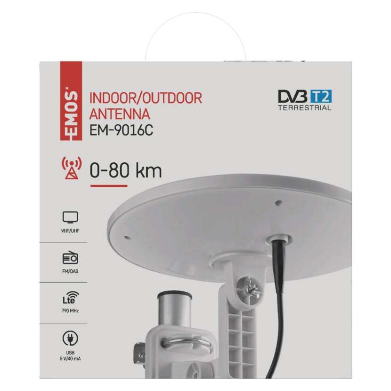 Antena zewnętrzna EM-9016C, 0–80 km, DVB-T2, DAB, FM, filtr LTE/4G