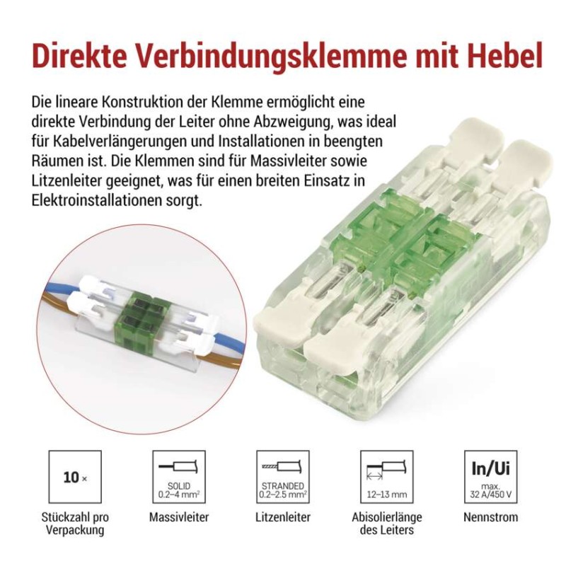 Inline-Hebelklemme 4× 0,2–4 mm2, 10 Stk