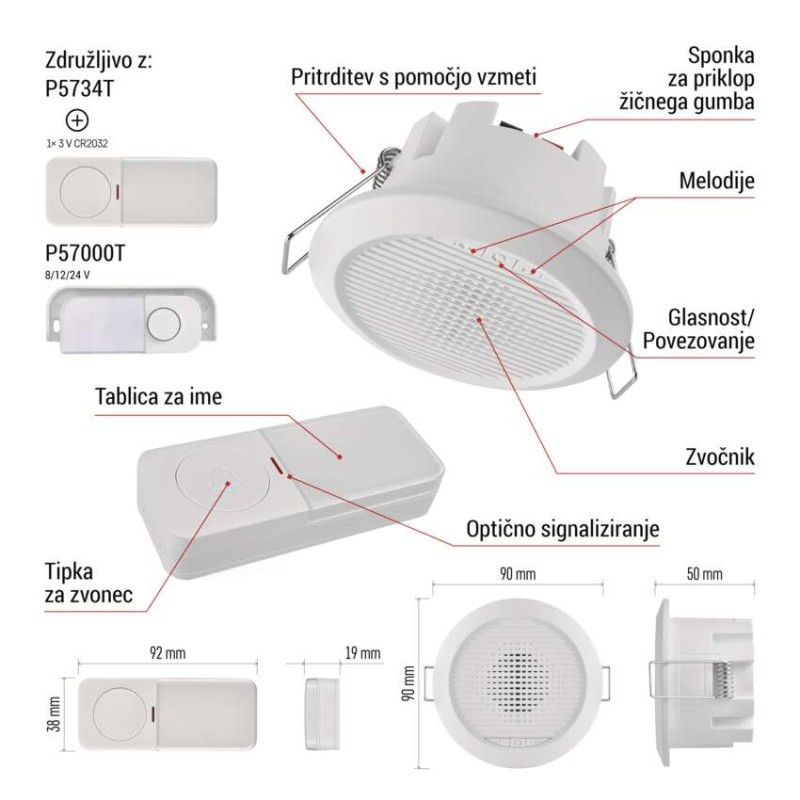 Žični/Brezžični hišni zvonec P57103, vgrajen