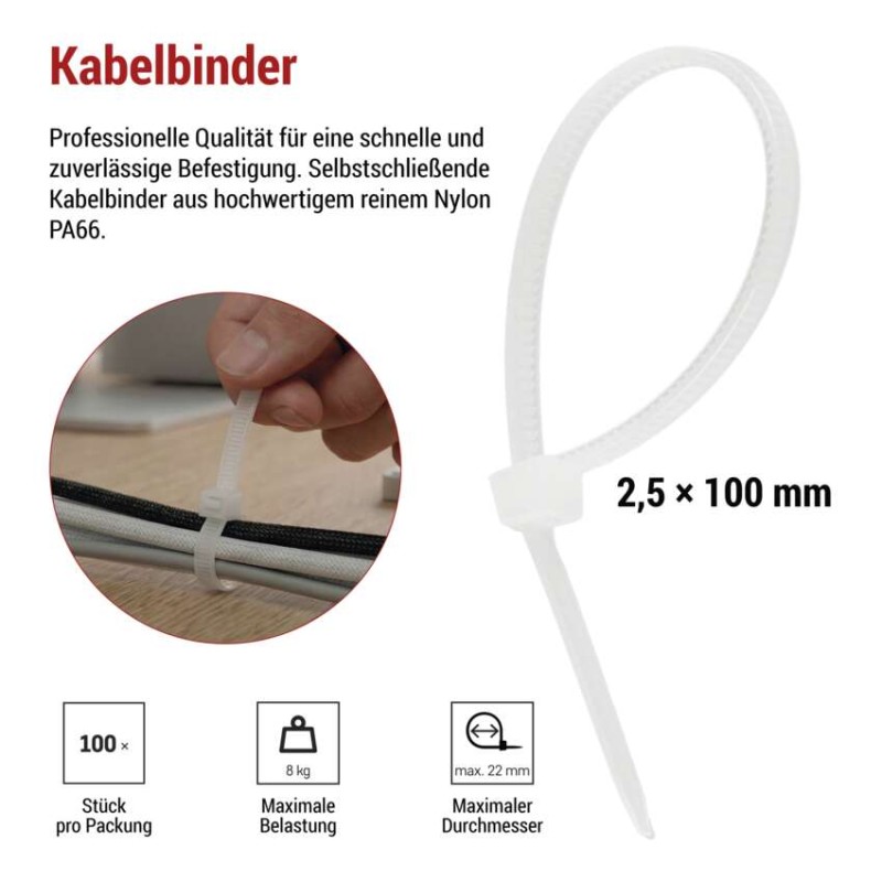 Kabelbinder 100×2,5, weiss, 100 Stk