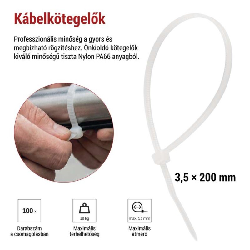 Kábelkötöző 200×3,5, fehér, 100 szt