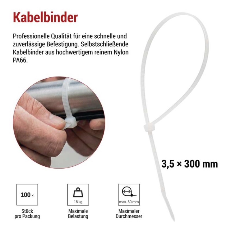 Kabelbinder 300×3,5, weiss, 100 Stk