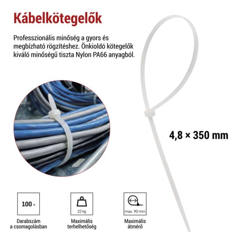 Kábelkötöző 350×4,8, fehér, 100 szt