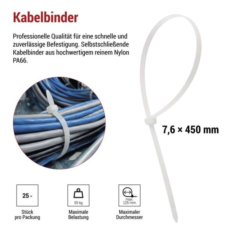 Kabelbinder 450×7,6, weiss, 25 Stk