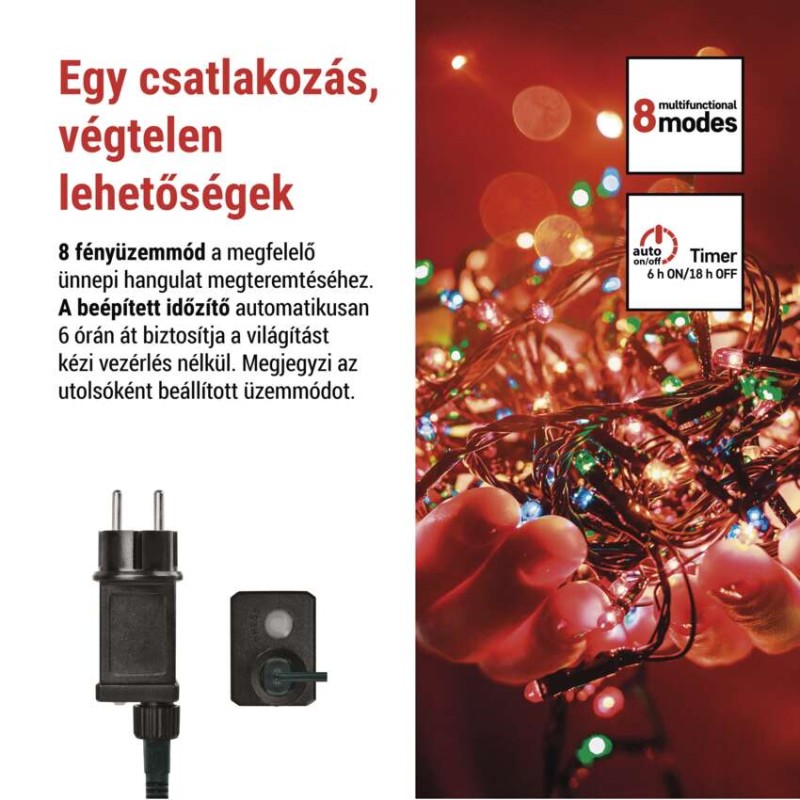 LED karácsonyi fényfüzér, 18 m, kültéri és beltéri, többszínű, progr, időz.