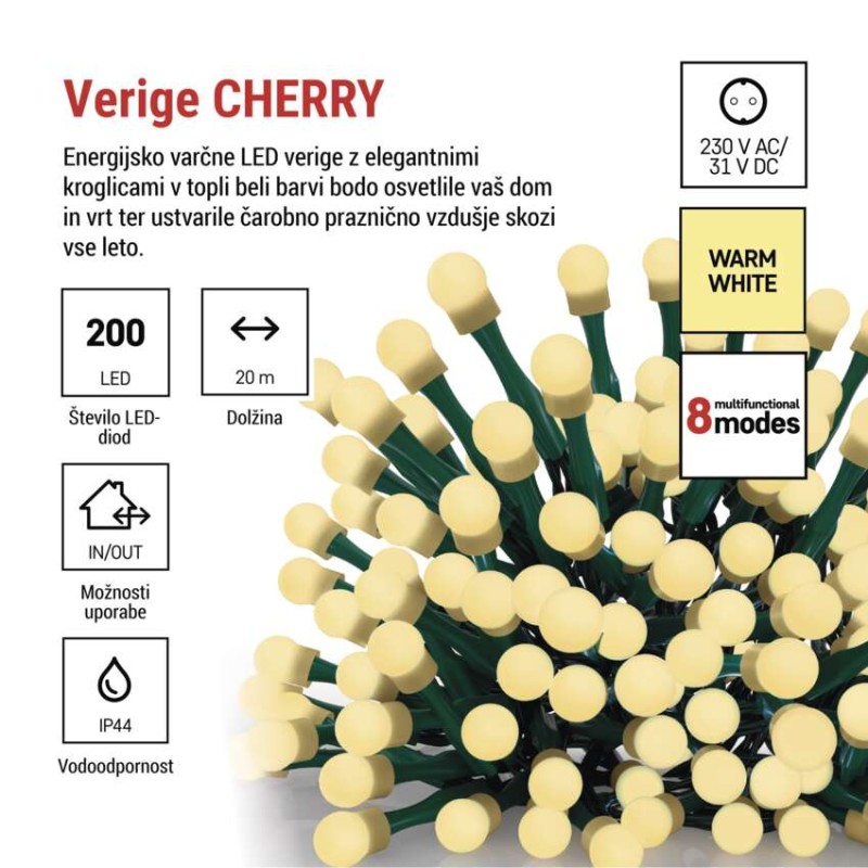 LED božična cherry veriga – kroglice, 20 m, zunan. in notran.,topla bela,programi,časovnik