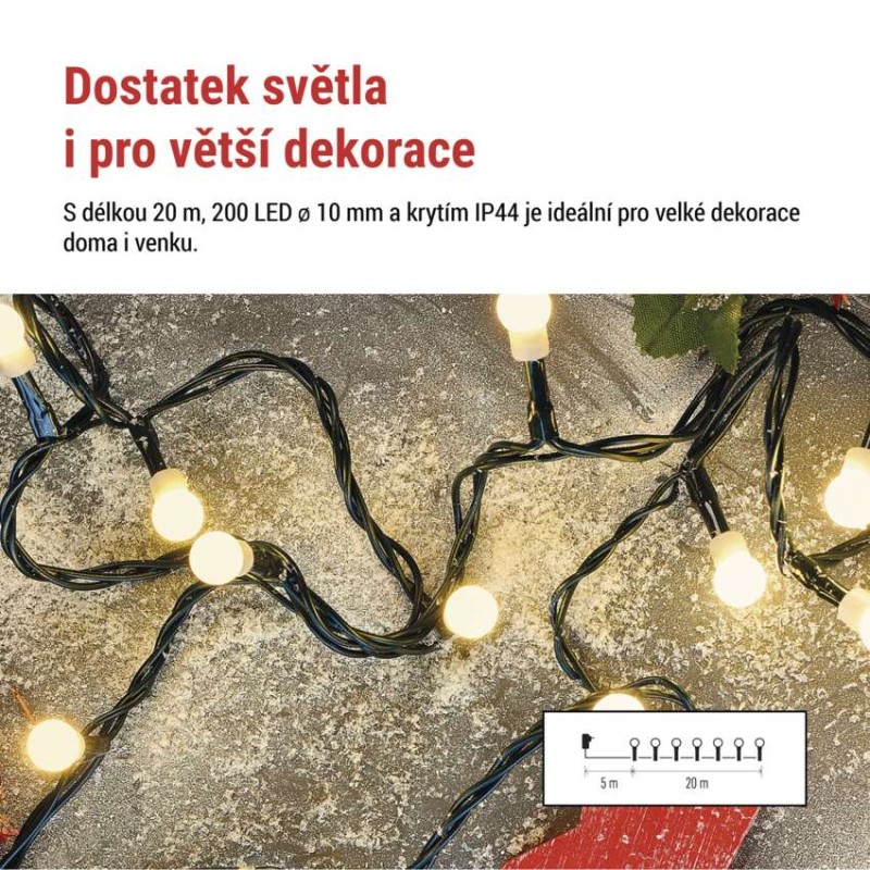 LED vánoční cherry řetěz – kuličky, 20 m, venkovní i vnitřní, teplá bílá, programy,časovač